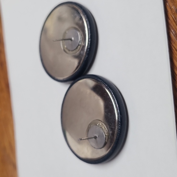 Huge Navy Blue and Gold Tone Button Earrings Vtg Style - Picture 6 of 8